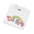 An election 2024 t-shirt with a colorful retro-style graphic that reads "Childless Cat Lady" across the chest. The text is in a playful, curvy font with each word in a different color - "Childless" in yellow-green, "Cat" in pink, and "Lady" in purple. Small cat face icons are incorporated into the letters 'a' in "Cat" and "Lady".